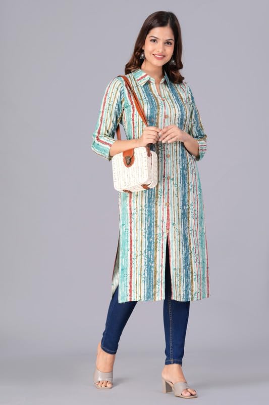Sky Blue - Women's Cotton Kurta | Elegant Rust Stripe Collar-Neck Kurta | Perfect Blend of Comfort & Style | Suitable for Party & Casual Wear