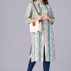 Sky Blue - Women's Cotton Kurta | Elegant Rust Stripe Collar-Neck Kurta | Perfect Blend of Comfort & Style | Suitable for Party & Casual Wear