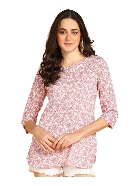 Purple - Women's Floral Printed Cotton Top - Stylish Long Top with Mandarin Collar, Perfect for Jeans, Ideal for Casual & Ethnic Wear