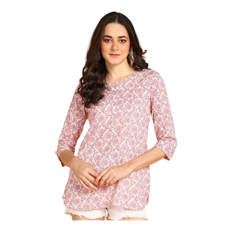 Purple - Women's Floral Printed Cotton Top - Stylish Long Top with Mandarin Collar, Perfect for Jeans, Ideal for Casual & Ethnic Wear