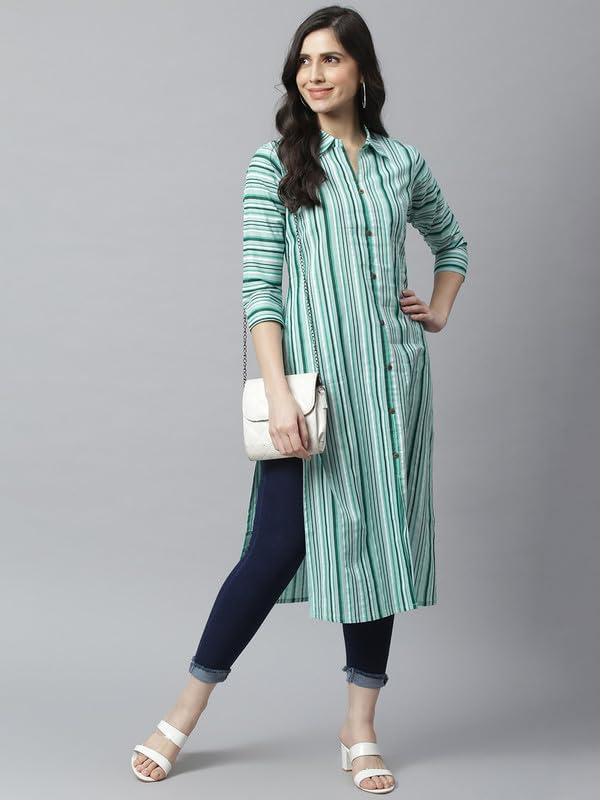 Green - Women's Rayon Kurta | Elegant Rust Stripe Collar-Neck Kurta | Perfect Blend of Comfort & Style | Suitable for Party & Casual Wear