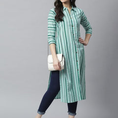 Green - Women's Rayon Kurta | Elegant Rust Stripe Collar-Neck Kurta | Perfect Blend of Comfort & Style | Suitable for Party & Casual Wear