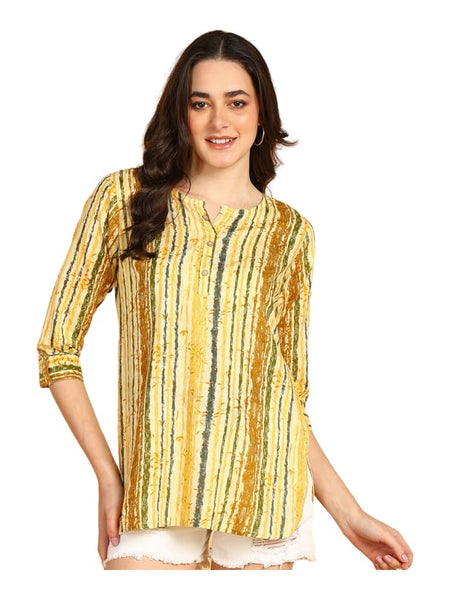 Yellow Multi - Women's Floral Printed Cotton Top - Stylish Long Top with Mandarin Collar, Perfect for Jeans, Ideal for Casual & Ethnic Wear