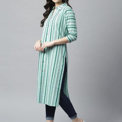 Green - Women's Rayon Kurta | Elegant Rust Stripe Collar-Neck Kurta | Perfect Blend of Comfort & Style | Suitable for Party & Casual Wear