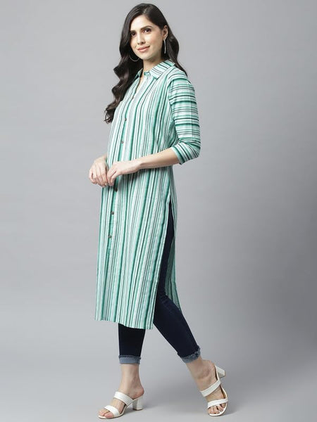 Green - Women's Rayon Kurta | Elegant Rust Stripe Collar-Neck Kurta | Perfect Blend of Comfort & Style | Suitable for Party & Casual Wear
