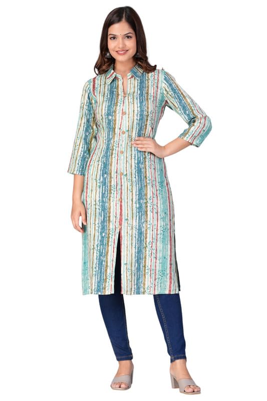 Sky Blue - Women's Cotton Kurta | Elegant Rust Stripe Collar-Neck Kurta | Perfect Blend of Comfort & Style | Suitable for Party & Casual Wear