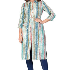 Sky Blue - Women's Cotton Kurta | Elegant Rust Stripe Collar-Neck Kurta | Perfect Blend of Comfort & Style | Suitable for Party & Casual Wear