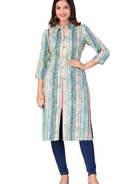 Sky Blue - Women's Cotton Kurta | Elegant Rust Stripe Collar-Neck Kurta | Perfect Blend of Comfort & Style | Suitable for Party & Casual Wear