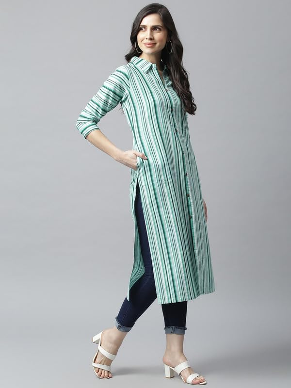 Green - Women's Rayon Kurta | Elegant Rust Stripe Collar-Neck Kurta | Perfect Blend of Comfort & Style | Suitable for Party & Casual Wear