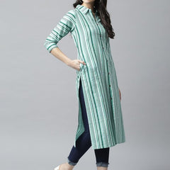Green - Women's Rayon Kurta | Elegant Rust Stripe Collar-Neck Kurta | Perfect Blend of Comfort & Style | Suitable for Party & Casual Wear