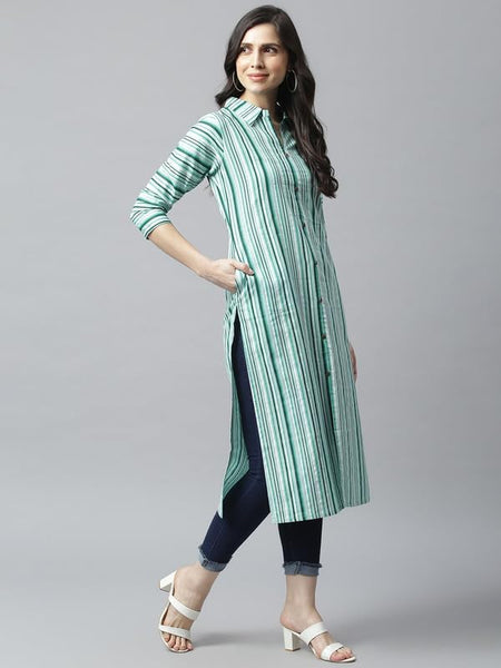Green - Women's Rayon Kurta | Elegant Rust Stripe Collar-Neck Kurta | Perfect Blend of Comfort & Style | Suitable for Party & Casual Wear