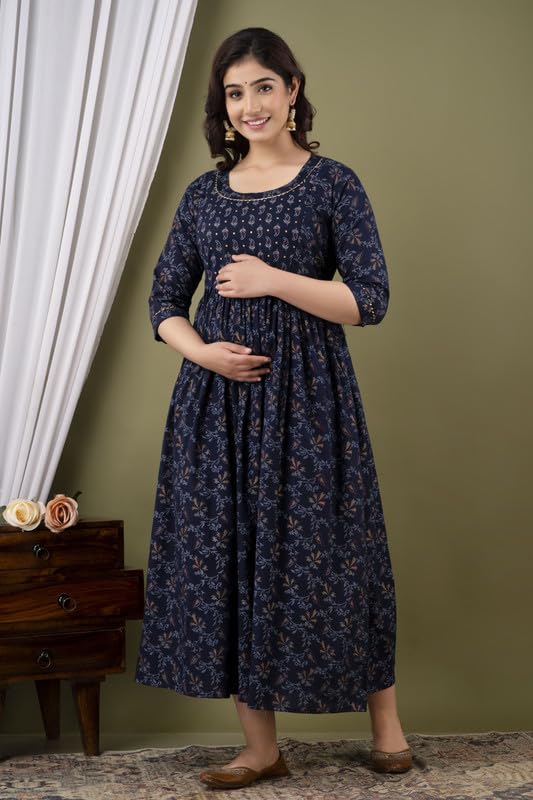 Dark Blue - Maternity Feeding Kurti with Zipper | Cotton Floral Printed Pregnancy & Nursing Dress | Comfortable & Stylish Maternity Wear for Women | Breastfeeding Kurta with Zipper | Soft & Elegant
