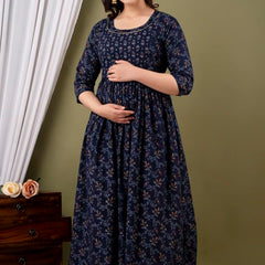 Dark Blue - JAIPURFAME Maternity Feeding Kurti with Zipper | Cotton Floral Printed Pregnancy & Nursing Dress | Comfortable & Stylish Maternity Wear for Women | Breastfeeding Kurta with Zipper | Soft & Elegant