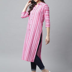 Pink - Women's Rayon Kurta | Elegant Rust Stripe Collar-Neck Kurta | Perfect Blend of Comfort & Style | Suitable for Party & Casual Wear