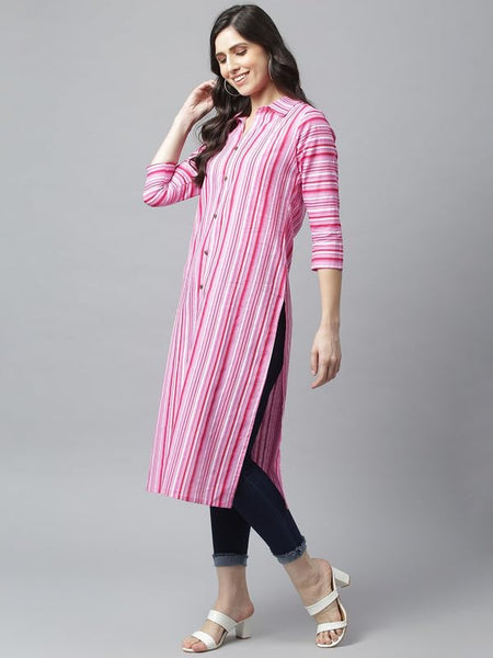Pink - Women's Rayon Kurta | Elegant Rust Stripe Collar-Neck Kurta | Perfect Blend of Comfort & Style | Suitable for Party & Casual Wear