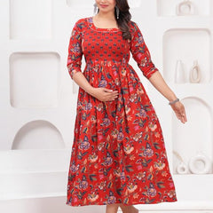 Red - JAIPURFAME Maternity Feeding Kurti with Zipper | Cotton Floral Printed Pregnancy & Nursing Dress | Comfortable & Stylish Maternity Wear for Women | Breastfeeding Kurta with Zipper | Soft & Elegant