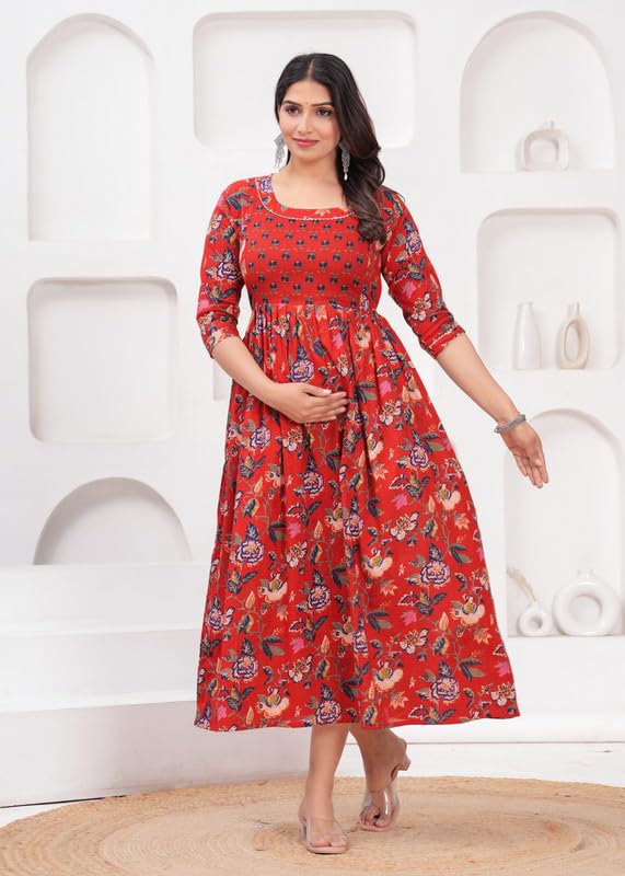 Red - Maternity Feeding Kurti with Zipper | Cotton Floral Printed Pregnancy & Nursing Dress | Comfortable & Stylish Maternity Wear for Women | Breastfeeding Kurta with Zipper | Soft & Elegant