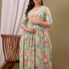 CREAM - Maternity Feeding Kurti with Zipper | Cotton Floral Printed Pregnancy & Nursing Dress | Comfortable & Stylish Maternity Wear for Women | Breastfeeding Kurta with Zipper | Soft & Elegant