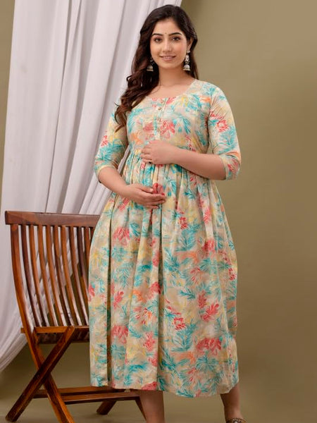 CREAM - Maternity Feeding Kurti with Zipper | Cotton Floral Printed Pregnancy & Nursing Dress | Comfortable & Stylish Maternity Wear for Women | Breastfeeding Kurta with Zipper | Soft & Elegant