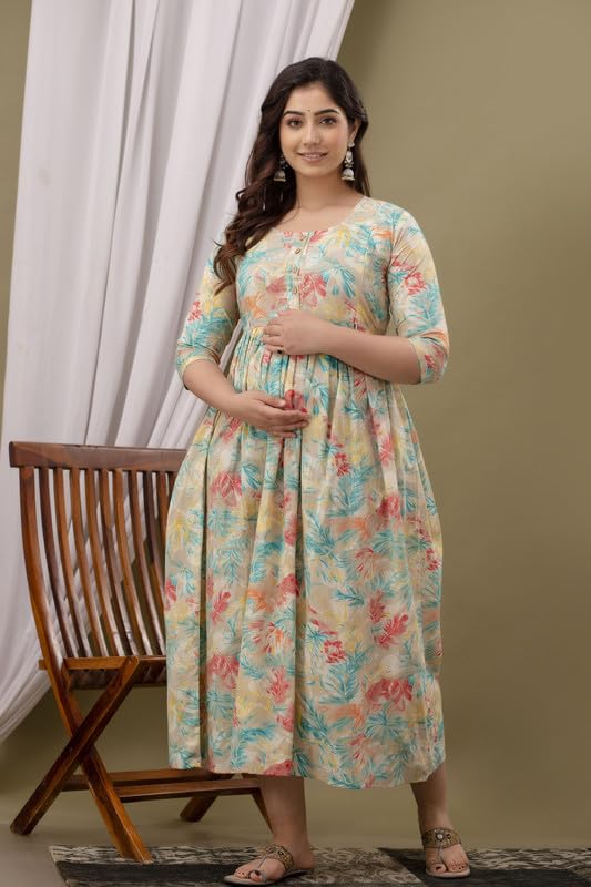 CREAM - JAIPURFAME Maternity Feeding Kurti with Zipper | Cotton Floral Printed Pregnancy & Nursing Dress | Comfortable & Stylish Maternity Wear for Women | Breastfeeding Kurta with Zipper | Soft & Elegant
