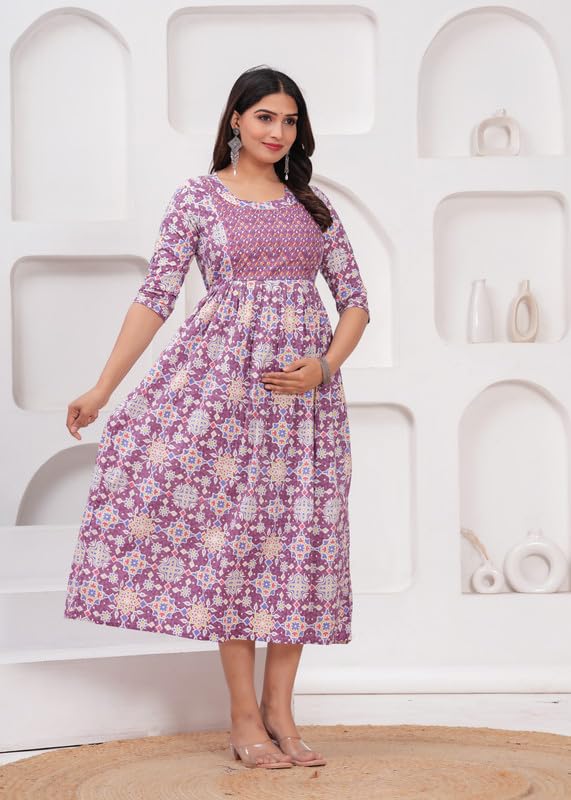 Pink - Maternity Feeding Kurti with Zipper | Cotton Floral Printed Pregnancy & Nursing Dress | Comfortable & Stylish Maternity Wear for Women | Breastfeeding Kurta with Zipper | Soft & Elegant