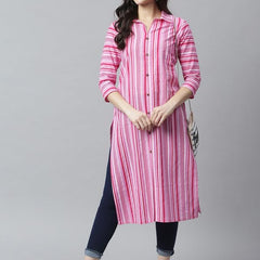 Pink - Women's Rayon Kurta | Elegant Rust Stripe Collar-Neck Kurta | Perfect Blend of Comfort & Style | Suitable for Party & Casual Wear