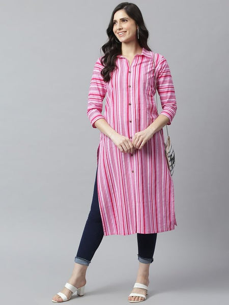 Pink - Women's Rayon Kurta | Elegant Rust Stripe Collar-Neck Kurta | Perfect Blend of Comfort & Style | Suitable for Party & Casual Wear