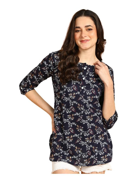 Dark Blue - Women's Floral Printed Cotton Top - Stylish Long Top with Mandarin Collar, Perfect for Jeans, Ideal for Casual & Ethnic Wear