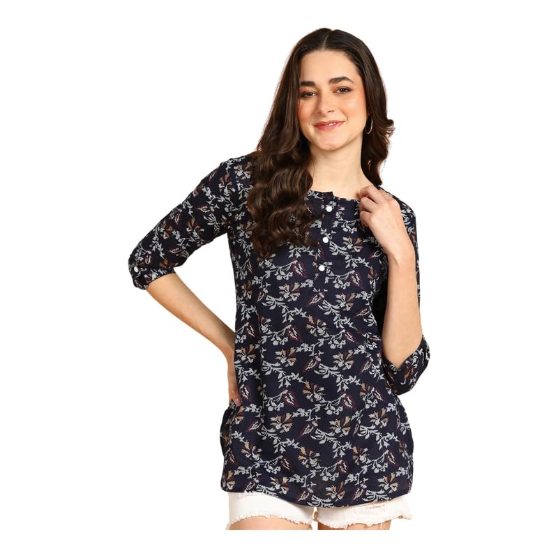 Dark Blue - Women's Floral Printed Cotton Top - Stylish Long Top with Mandarin Collar, Perfect for Jeans, Ideal for Casual & Ethnic Wear