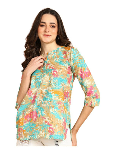 Cream - Women's Floral Printed Cotton Top - Stylish Long Top with Mandarin Collar, Perfect for Jeans, Ideal for Casual & Ethnic Wear