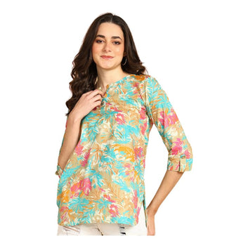 Cream - Women's Floral Printed Cotton Top - Stylish Long Top with Mandarin Collar, Perfect for Jeans, Ideal for Casual & Ethnic Wear