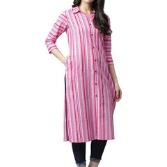 Pink - Women's Rayon Kurta | Elegant Rust Stripe Collar-Neck Kurta | Perfect Blend of Comfort & Style | Suitable for Party & Casual Wear