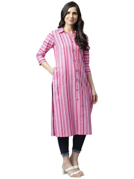 Pink - Women's Rayon Kurta | Elegant Rust Stripe Collar-Neck Kurta | Perfect Blend of Comfort & Style | Suitable for Party & Casual Wear