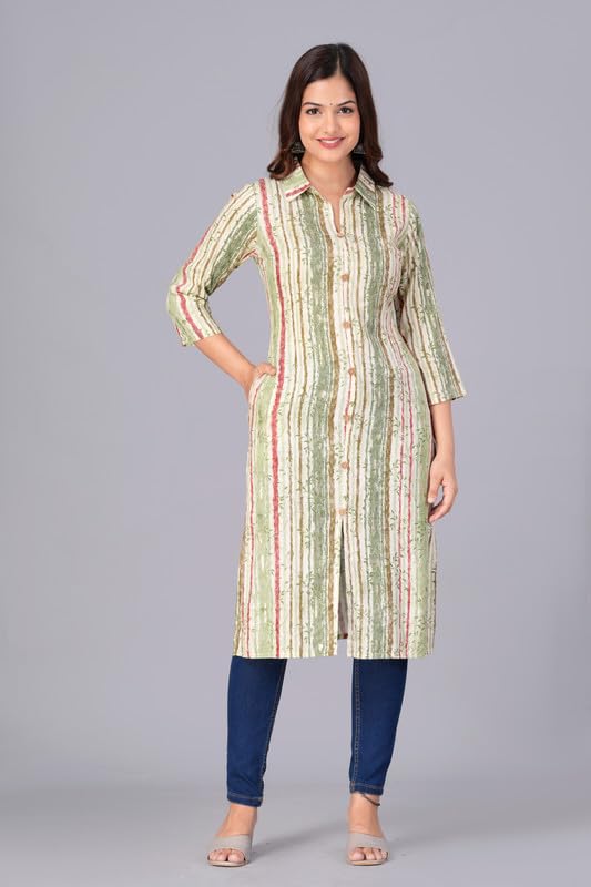 Green - Women's Cotton Kurta | Elegant Rust Stripe Collar-Neck Kurta | Perfect Blend of Comfort & Style | Suitable for Party & Casual Wear