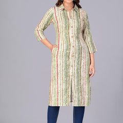 Green - Women's Cotton Kurta | Elegant Rust Stripe Collar-Neck Kurta | Perfect Blend of Comfort & Style | Suitable for Party & Casual Wear