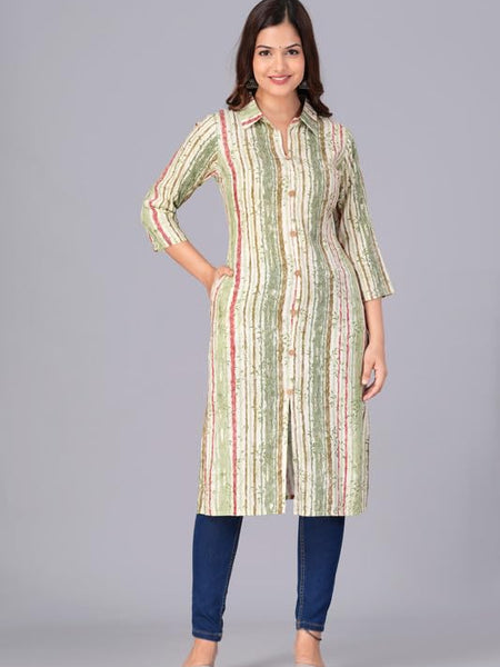 Green - Women's Cotton Kurta | Elegant Rust Stripe Collar-Neck Kurta | Perfect Blend of Comfort & Style | Suitable for Party & Casual Wear
