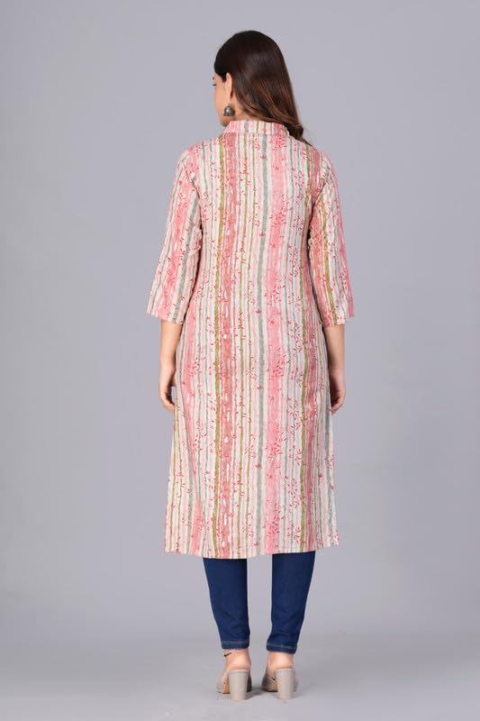 Peach - Women's Cotton Kurta | Elegant Rust Stripe Collar-Neck Kurta | Perfect Blend of Comfort & Style | Suitable for Party & Casual Wear
