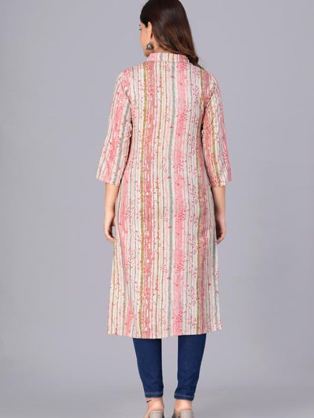 Peach - Women's Cotton Kurta | Elegant Rust Stripe Collar-Neck Kurta | Perfect Blend of Comfort & Style | Suitable for Party & Casual Wear