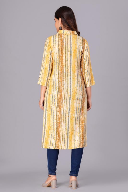 Yellow - Women's Cotton Kurta | Elegant Rust Stripe Collar-Neck Kurta | Perfect Blend of Comfort & Style | Suitable for Party & Casual Wear