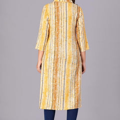 Yellow - Women's Cotton Kurta | Elegant Rust Stripe Collar-Neck Kurta | Perfect Blend of Comfort & Style | Suitable for Party & Casual Wear