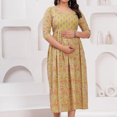 Olive Yellow - Maternity Feeding Kurti with Zipper | Cotton Floral Printed Pregnancy & Nursing Dress | Comfortable & Stylish Maternity Wear for Women | Breastfeeding Kurta with Zipper | Soft & Elegant
