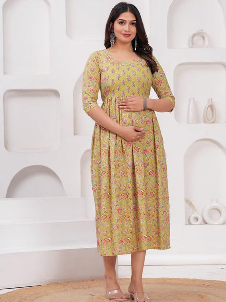 Olive Yellow - Maternity Feeding Kurti with Zipper | Cotton Floral Printed Pregnancy & Nursing Dress | Comfortable & Stylish Maternity Wear for Women | Breastfeeding Kurta with Zipper | Soft & Elegant