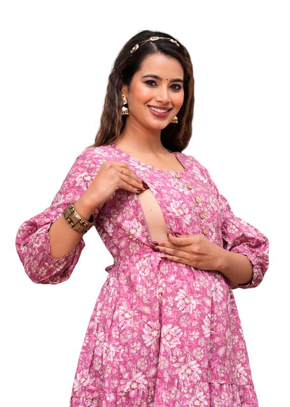 Pink Freel - Maternity Feeding Kurti with Zipper | Cotton Floral Printed Pregnancy & Nursing Dress | Comfortable Maternity Wear for Women | Breastfeeding Kurta Set with Zip | Stylish & Soft