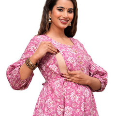 Pink Freel - Maternity Feeding Kurti with Zipper | Cotton Floral Printed Pregnancy & Nursing Dress | Comfortable & Stylish Maternity Wear for Women | Breastfeeding Kurta with Zipper | Soft & Elegant
