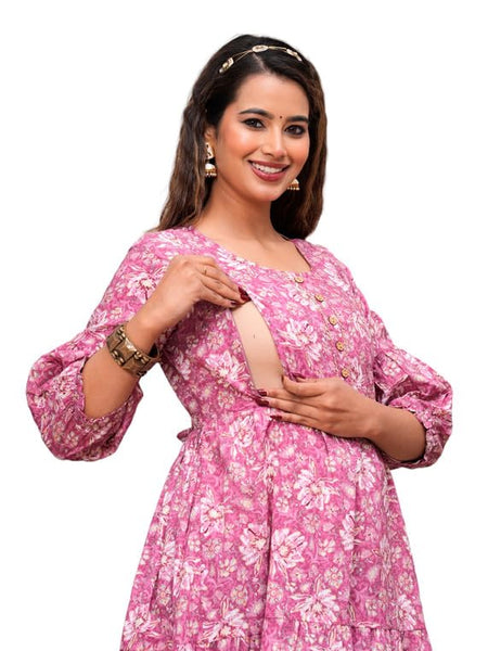 Pink Freel - Maternity Feeding Kurti with Zipper | Cotton Floral Printed Pregnancy & Nursing Dress | Comfortable & Stylish Maternity Wear for Women | Breastfeeding Kurta with Zipper | Soft & Elegant