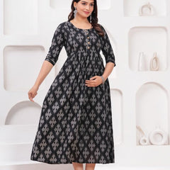 Black - JAIPURFAME Maternity Feeding Kurti with Zipper | Cotton Floral Printed Pregnancy & Nursing Dress | Comfortable & Stylish Maternity Wear for Women | Breastfeeding Kurta with Zipper | Soft & Elegant