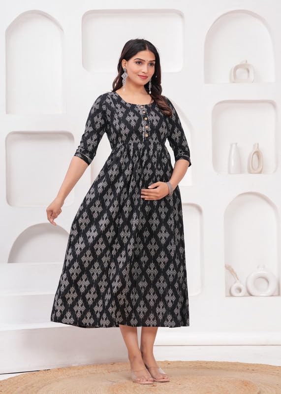 Black - Maternity Feeding Kurti with Zipper | Cotton Floral Printed Pregnancy & Nursing Dress | Comfortable & Stylish Maternity Wear for Women | Breastfeeding Kurta with Zipper | Soft & Elegant