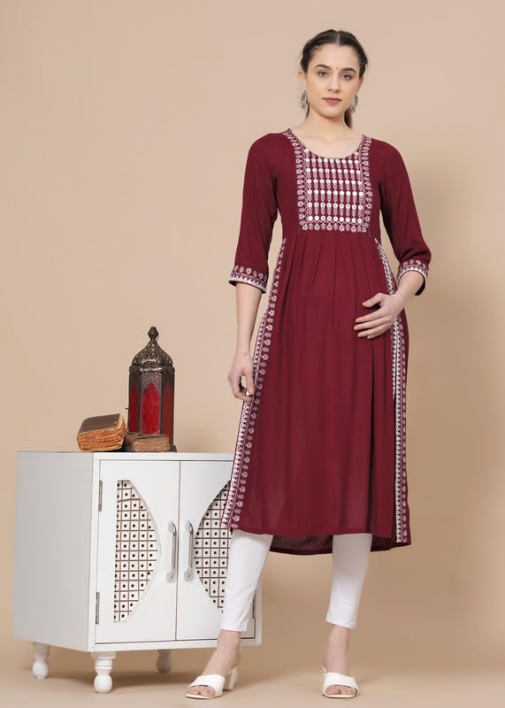 Maroon - Maternity Feeding Kurti with Zipper | Cotton Floral Printed Pregnancy & Nursing Dress | Comfortable & Stylish Maternity Wear for Women | Breastfeeding Kurta with Zipper | Soft & Elegant