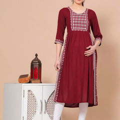 Maroon - Maternity Feeding Kurti with Zipper | Cotton Floral Printed Pregnancy & Nursing Dress | Comfortable & Stylish Maternity Wear for Women | Breastfeeding Kurta with Zipper | Soft & Elegant