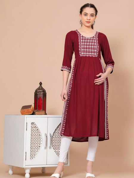 Maroon - Maternity Feeding Kurti with Zipper | Cotton Floral Printed Pregnancy & Nursing Dress | Comfortable & Stylish Maternity Wear for Women | Breastfeeding Kurta with Zipper | Soft & Elegant